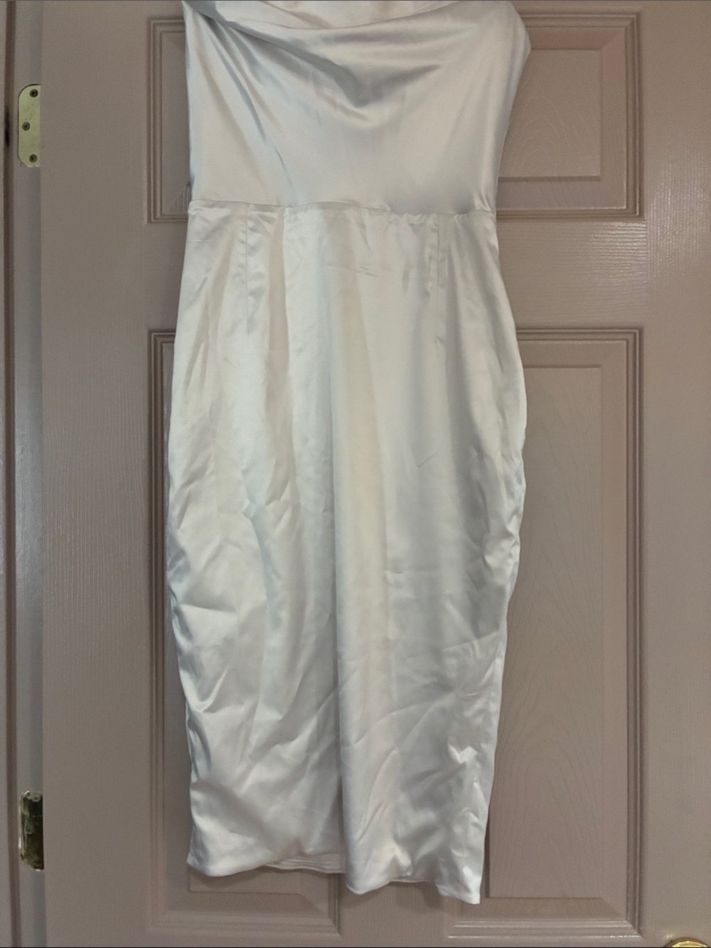 Oh Polly Strapless Satin Sheath Dress in White